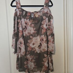 Lane Bryant Olive Cold-Shoulder Floral Blouse with Pink Blooms